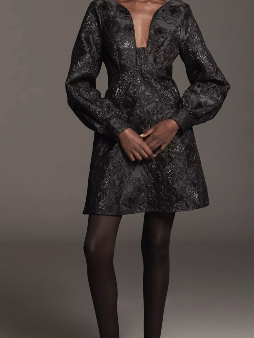 Maeve Black Textured Plunge-Neck Long-Sleeve Mini Dress